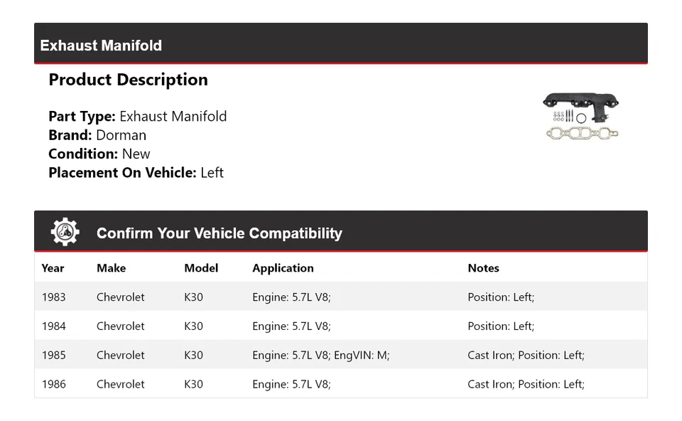 Colector de escape izquierdo para Chevrolet K30 1983-1986 5,7 L V8 Dorman 1984 1985 Foto 2 de 4