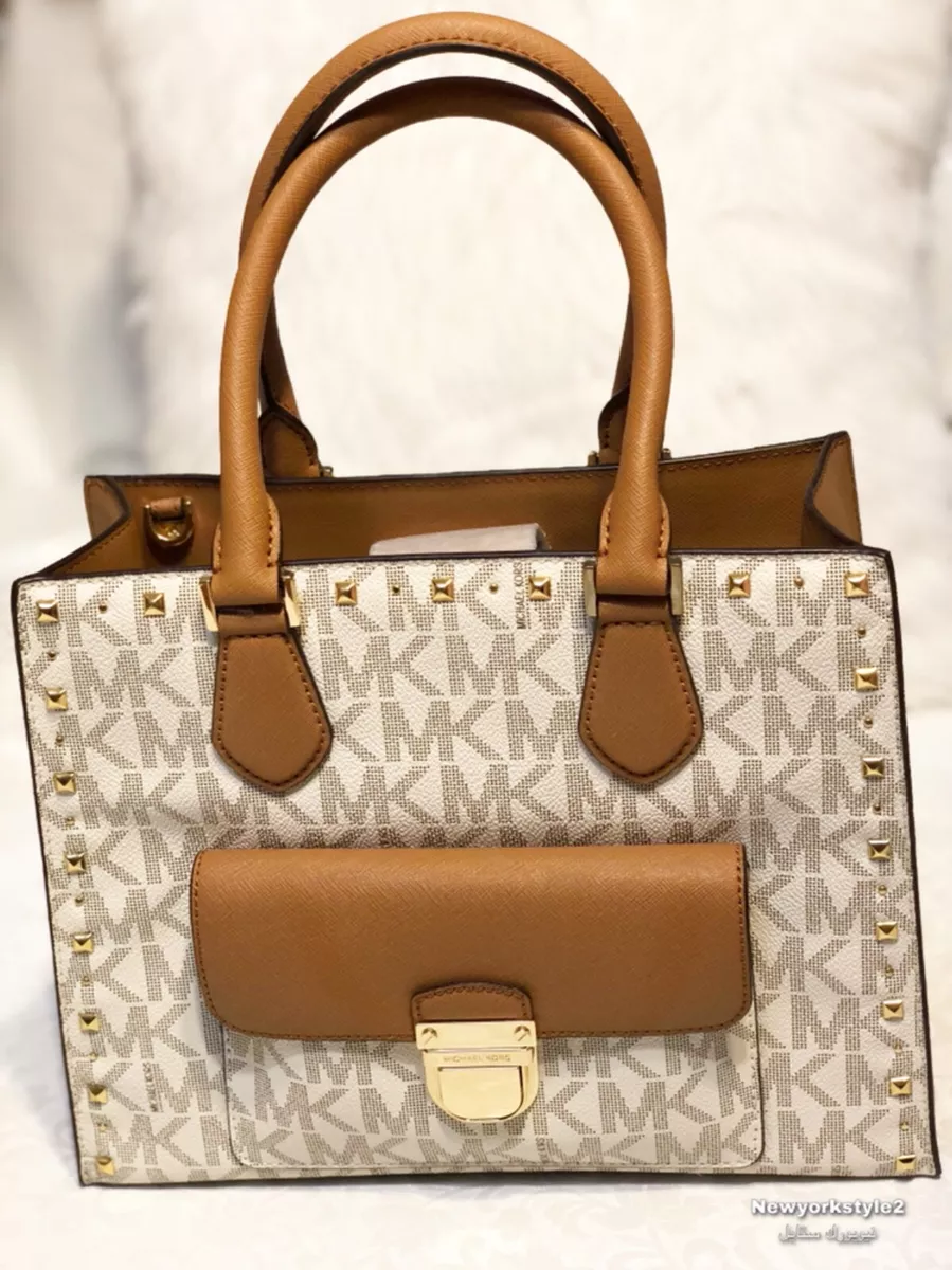 Michael Kors Signature Bridgette Studded Medium EW Tote Bag in Vanilla acor