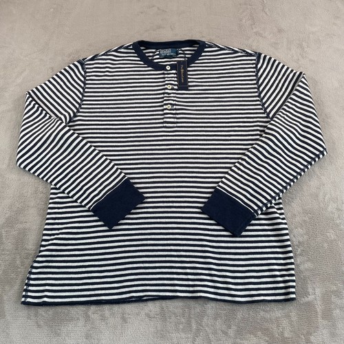 Polo Ralph Lauren Thermal Henley Shirt Men 2XL Navy Blue Striped Long Sleeve NWT