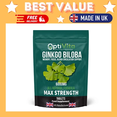 OPTIVITA Ginkgo Biloba 6000mg Tablets Gingko Biloba Memory, Focus, Stress, Circulation UK