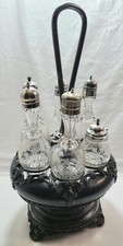 Antique Silverplate Cruet Castor Set 6 Glass Bottles UV Glows Rotating