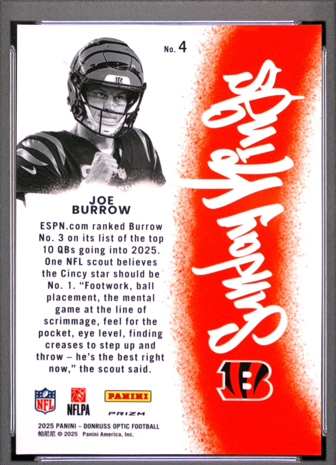 2025 Panini Donruss Optic Joe Burrow #4 Sunday Kings SSP Bengals PSA 8 view 2