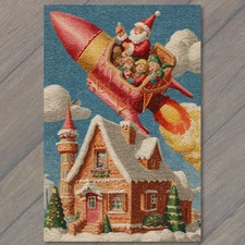 Art Print Santa Rocket Sleigh Elves Gingerbread Cottage Christmas Retro Space Fl