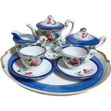 Vintage Hand-Painted Japanese Miniature Tea Set with Serving Tray - 9 Pieces