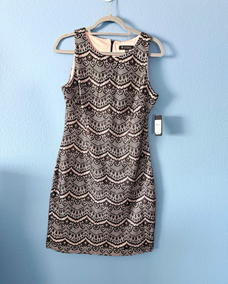 GUESS Women s 8 Sheath Dress Black/White Geometric Lace Round Neck Lined