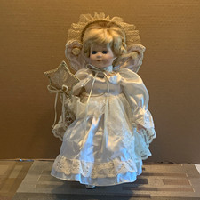 Girl Baby Doll Blonde Curly Hair Blue Eyes White Lace Dress Bonnet Wings