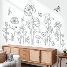 Large Black Boho Flower Wall Decals Simple Sketch Floral Wildflower Butterfly