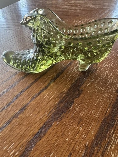 Vintage Fenton Olive Green Glass Shoe Slipper Hobnail Cat’s Head