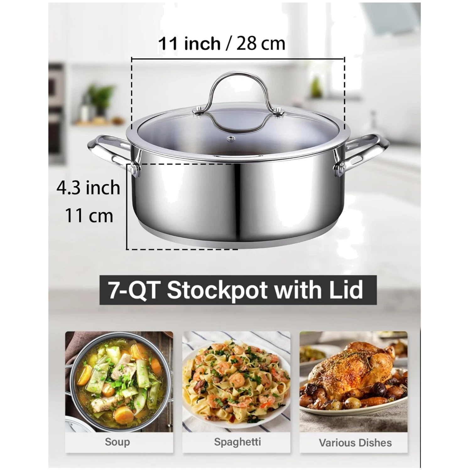 7-Qt Stainless Steel Dutch Oven Casserole with Glass Lid