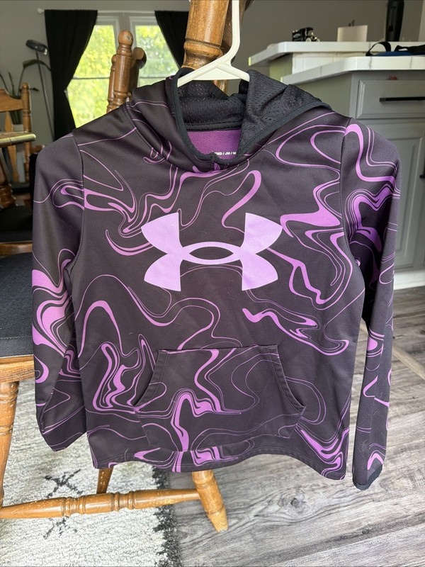 girls Under Armour Big Logo Black pink marble swirl Loose Fit Hoodie Youth M