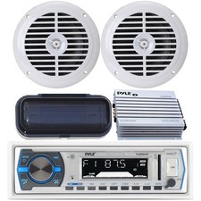 Pyle PLMRB29W Marine Boat MP3 USB AUX WMA AM FM Radio Pair Speakers Amp Pkg