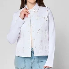 Belle Kim Gravel Eyelet Jacket Plus 3X White Flower Knit Sleeve Pockets A683209