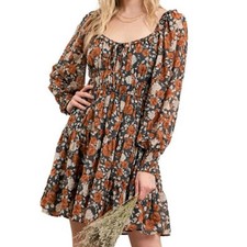 Baltic Born Floral Mini Dress Size L Green Rust Boho Long Sleeve Ruffle Lined