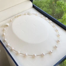 6.5-7mm white-rose Japanese Akoya pearl Necklace,14k/18k solid yellow gold,17"