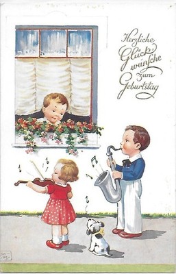 ''Zum Geburtstag'' Vintage Birthday PC  A/S Children Dog Saxophone  & Violin 1930s