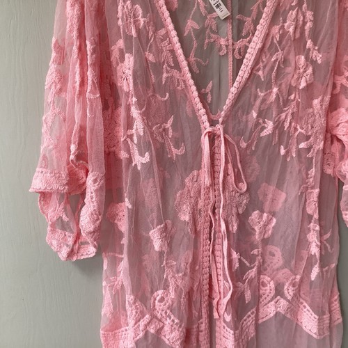 New Francesca’s Lace 3/4 Sleeve Open Front Swim Kimono Cover Up One Size Pink - Picture 14 of 21
