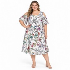 Sandra Darren Plus Size 24W Floral Cold Shoulder Shift Dress White
