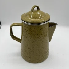 Paula Deen Mustard Green Enamel Stove Top Coffee Pot Percolator Speckled Camping