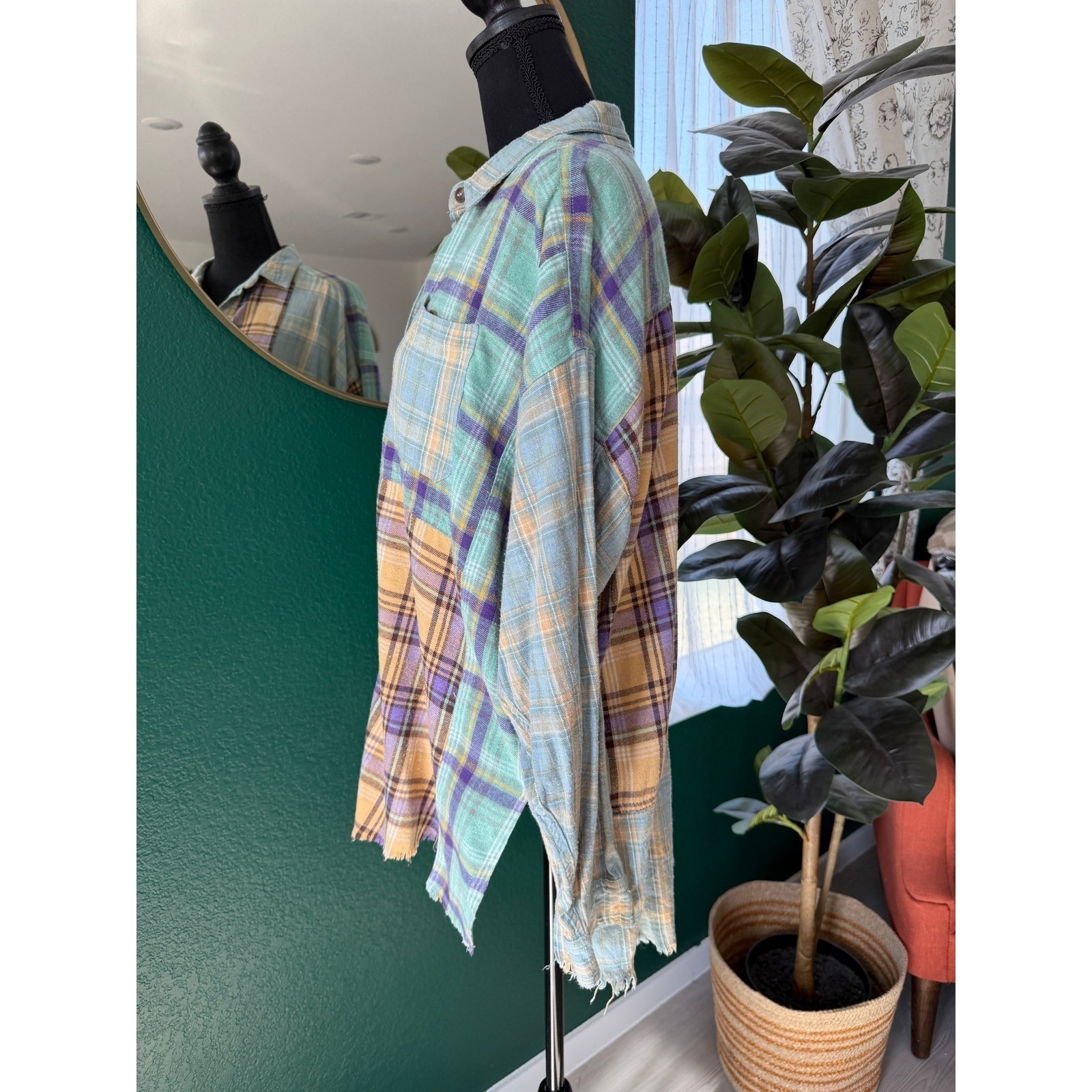 Easel Plaid Patchwork Button Down Shirt Womens S … - image 3