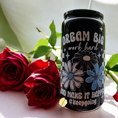 Dream Big Design 16 Unzen schwarze Libbey Glasdose, schwarzer Acryldeckel, UVDTF, Geschenk