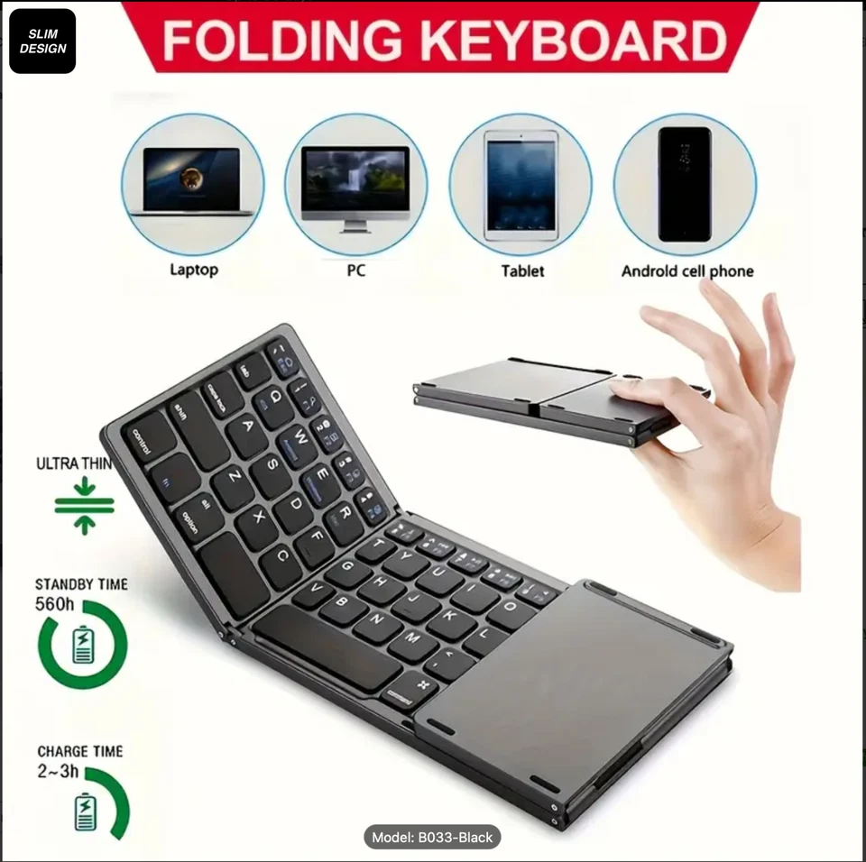 BLUETOOTH WIRELESS  THREE FOLD KEYBOARD WITH TOUCHPAD B033 METAL DESIGN BLK,SLVR - Image 3 of 4