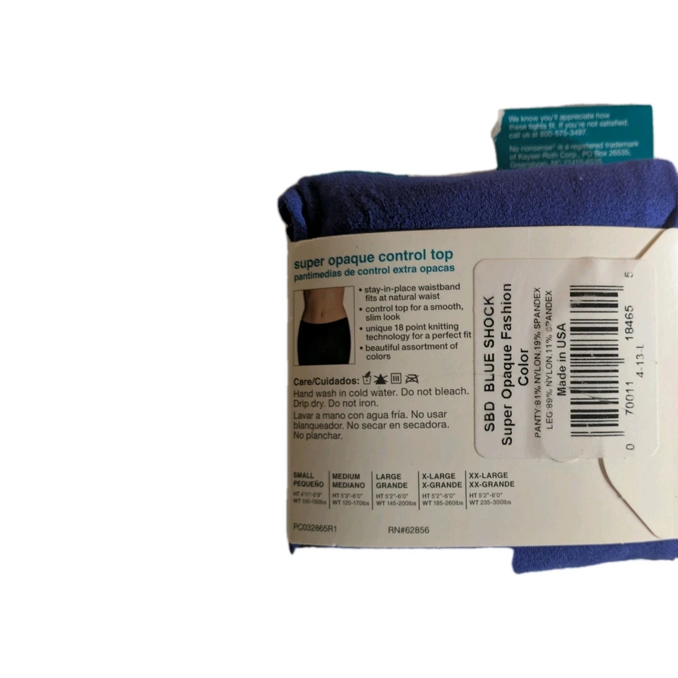 No Nonsense Women's Control Top Pantyhose Blue Shock Super Opaque Size M - Image 4 of 4