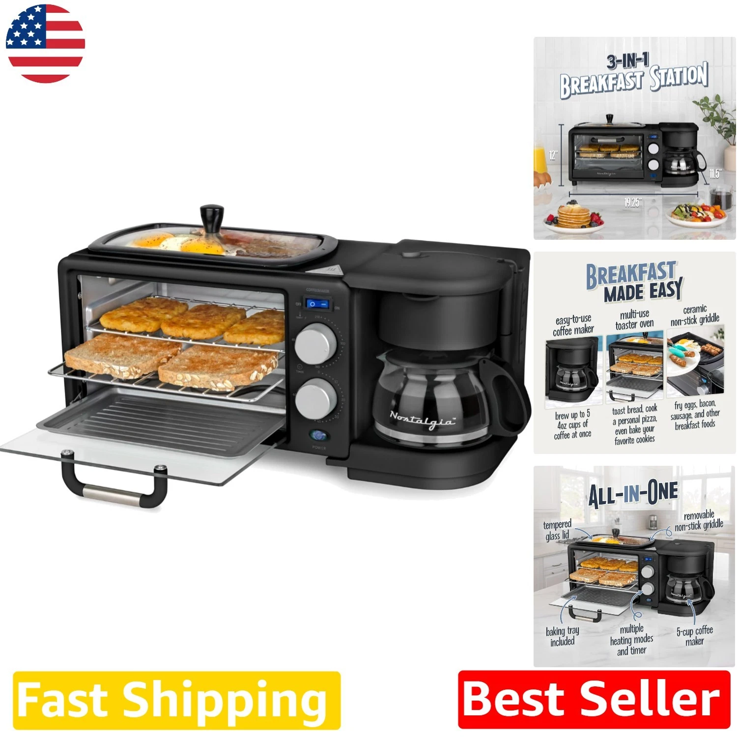 Retro Breakfast Station 3-in-1 Coffee Maker Griddle Toaster Oven Space Saver