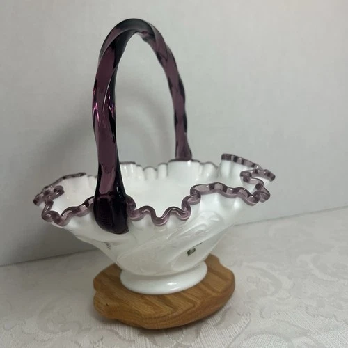 Fenton Art Glass Plum Crest Basket  Hand painted Signed By Bill Fenton #1240