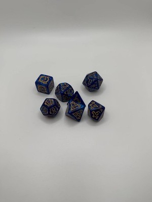 Blue Gold Ornate DND Dice Set Victorian Baroque Style 7pc Polyhedral RPG