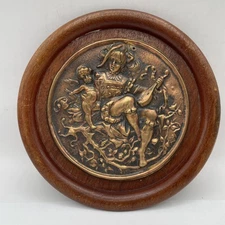 Antique Bronze plaque in relief wooden Wall art sculpture Mandolin Man Cherub