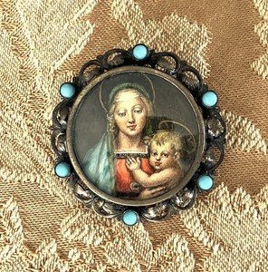 Painted Portrait  Brooch/Pin & Pendant of Mary and the Christ Child 800 Silver