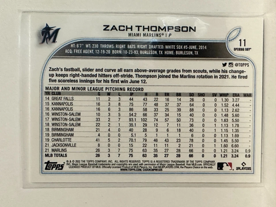 #11 Zach Thompson Rookie Miami Marlins 2022 Topps Opening Day Baseball Card - Image 2 of 2