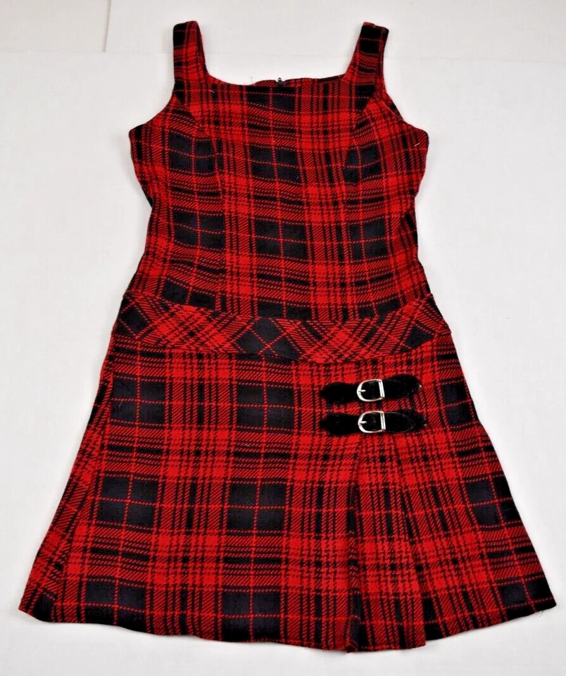 Vintage Dress City Triangles Size S/M 90s Red Black Plaid Buckles Awesome Grunge — 第 3/4 张图片