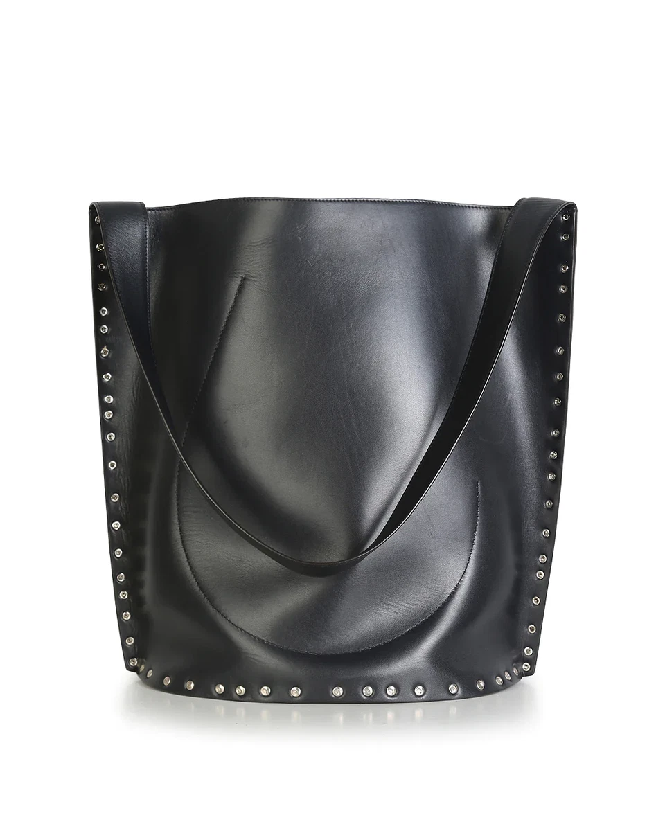 CELINE Black Satinated Natural Calfskin Leather Large Studs Bucket Shoulder Bag