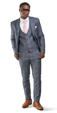 Slim Fit Mens Suit 2 Button Slate Gray Windowpane Plaid Peak Lapel 35071 AZARMAN