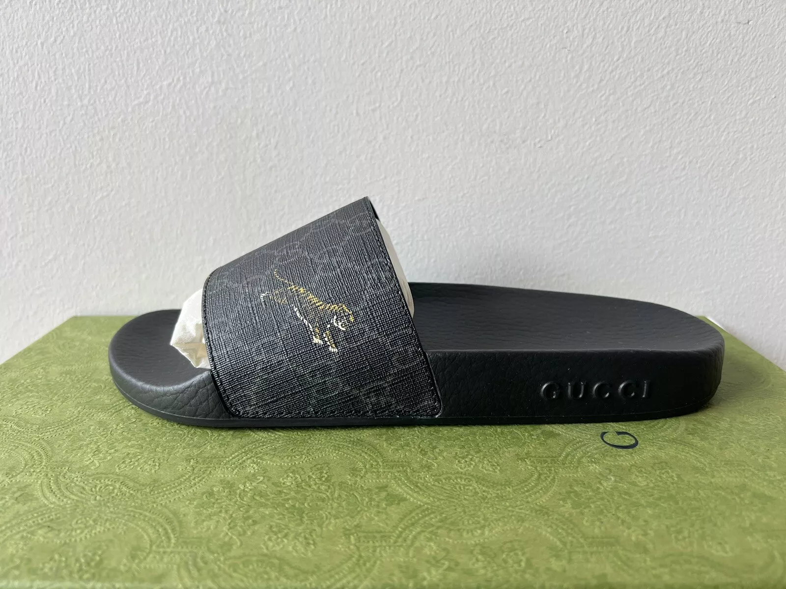 Gucci GG Supreme Slide Tiger Noir Or 407345 G0K00 1084 US 6 UK 6 EU 40 CM 25