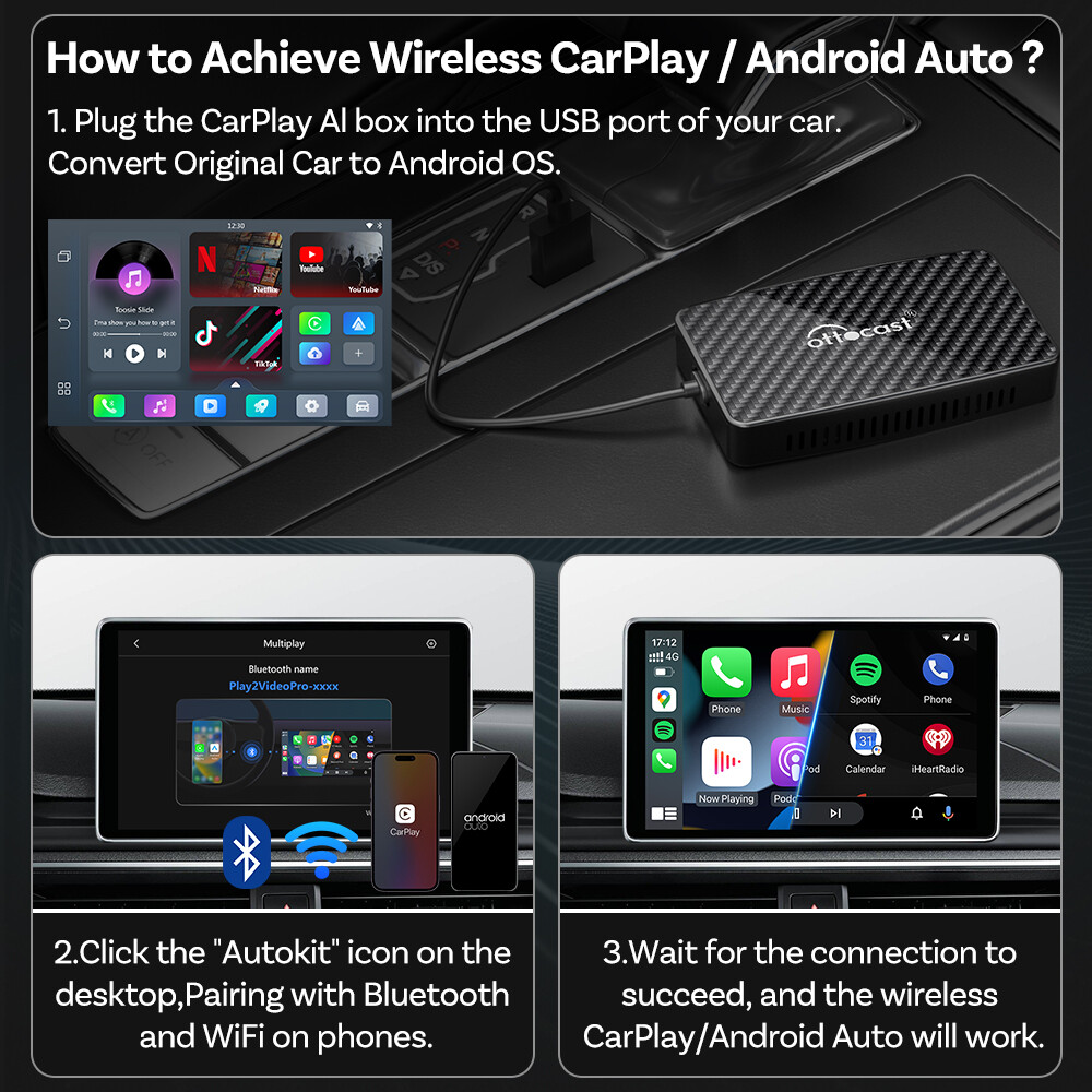 NEW Ottocast AIBox Wireless AA+CarPlay Adapter Multimedia w/Tiktok+Prime TV+YT
