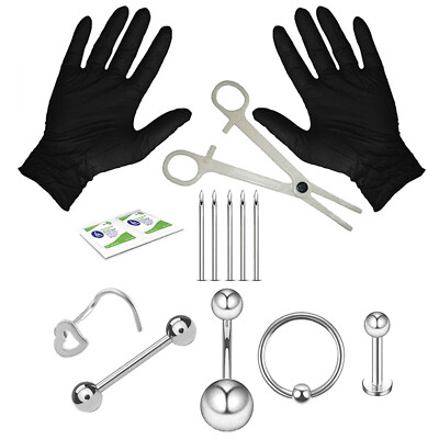 14 Pcs Body Piercing Tools Kit Surgical Steel Lip Nose Tongue Belly Button Rings