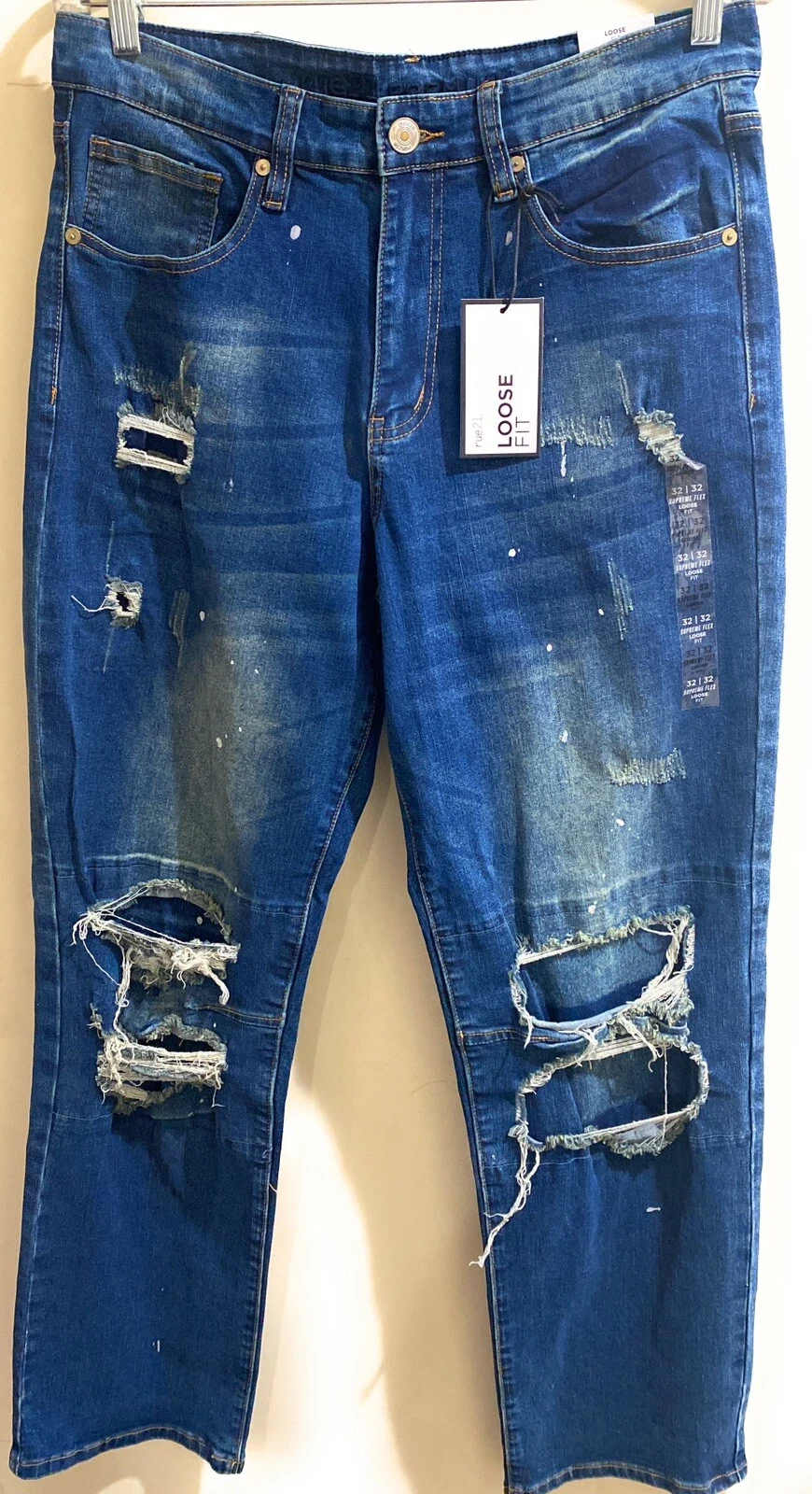 Jeans amples Rue 21 homme coupe Supreme Flex bleu détressé denim délavé 32X32 neuf *