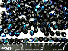 300 Preciosa Czech Glass Fire Polished Round Beads 6mm Jet AB, Aurora Borealis