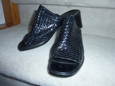 Black Leather Weave Mule Sandal with Block Heel