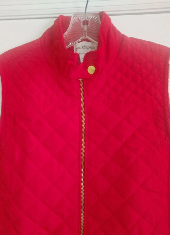PECK AND PECK PUFFER VEST WOMENS SMALL POCKETS FULL ZIP RED GOLD ACCENTS NEW - Image 3 of 4