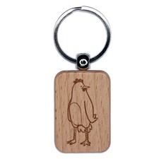 Tall Chicken Standing and Staring Engraved Wood Rectangle Keychain Tag Charm
