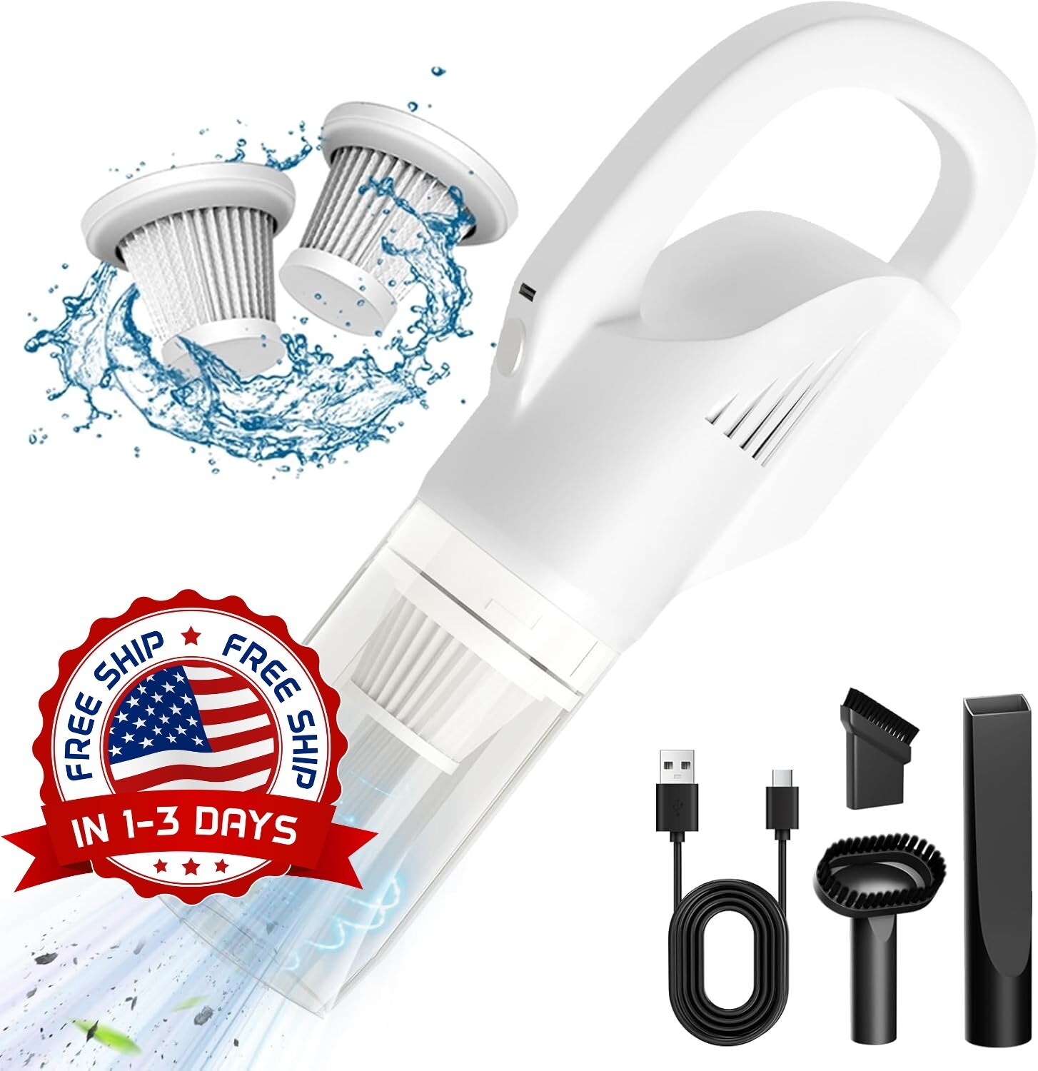 Aspiradora Coche Luz De Mano Portatil Inalambrica Succion Potente Blanco NEW US.