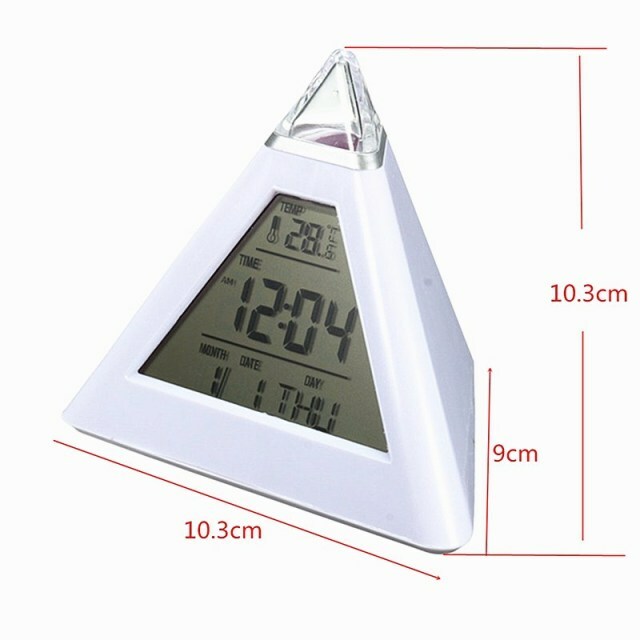 Alarm Clock Pyramid 7 LED Color Changing Timer Night Light Temperature Date photo Alarm Clock Pyramid 7 LED Color Changing Timer Night Light Temperature Date featured image