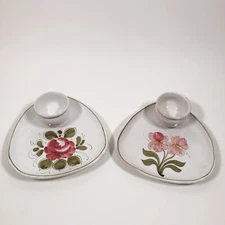 Vintage Egg Cup Snack Plates Dish Hand Painted Florals GL Made in Italy Set of 2