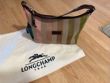 Longchamp Handbag Striped Canvas & Patent Leather Jewel Tones Green Tan Pink