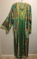 Gown Dress Duster Caftan Indian Inspired Embroidered Green Gold Lounge Cosplay L