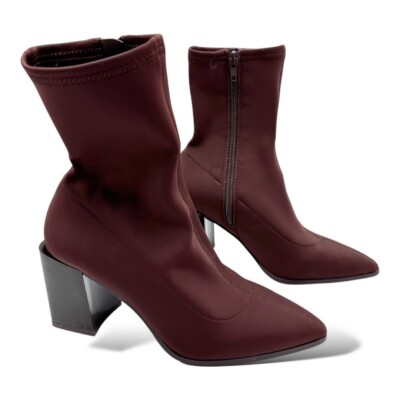 Aldo Burgundy Stretch Sock Ankle Boots With Patent Block Heels & Side Zipper - S