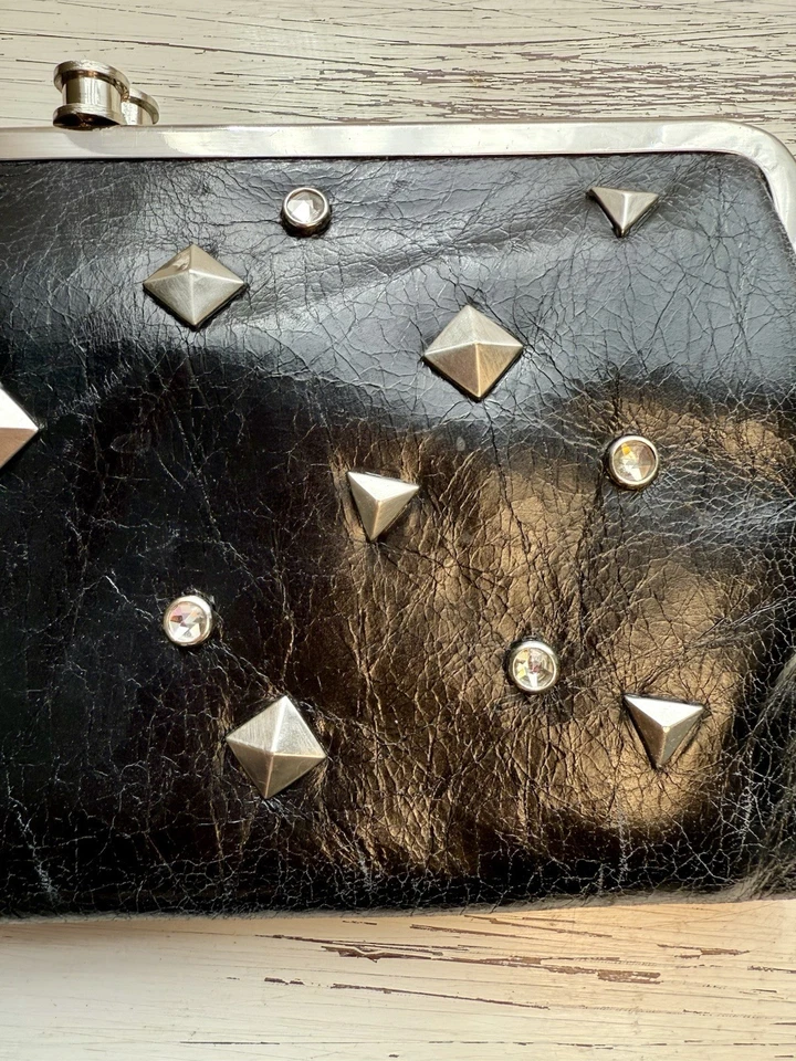 HOBO INTERNATIONAL Wallet Clutch Double Kisslock Punk Metal Studs Black Leather - Image 3 of 4